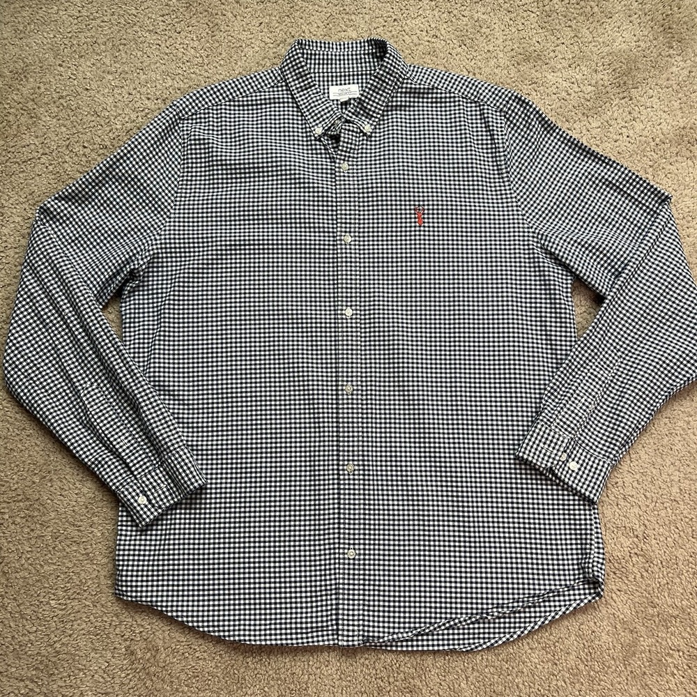 Next Men Button-Down Shirt XL Navy White Gingham Check Stag Buck Embroidery